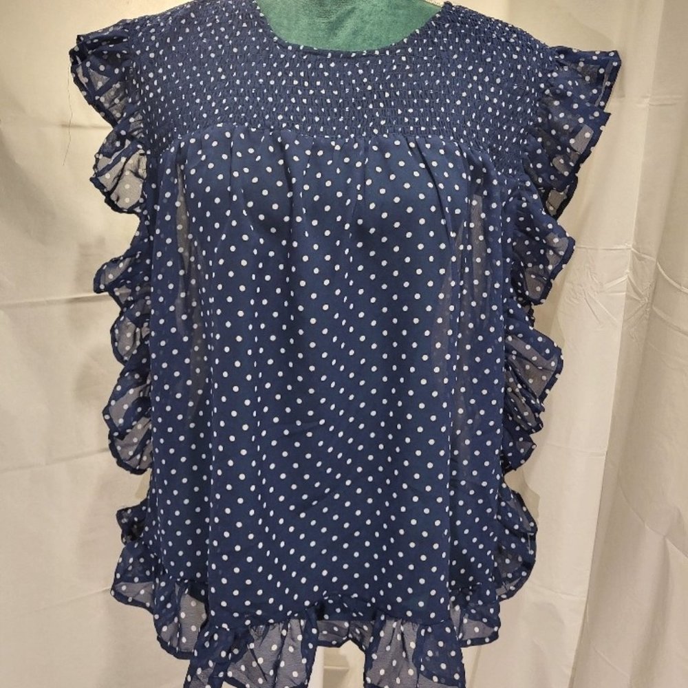 Mimi & Daphne Blue and White Polka Dot Ruffle Blouse
